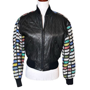 Luis Alvear VTG Leather Silk Bomber Jacket License Plate Grunge Skater S Black